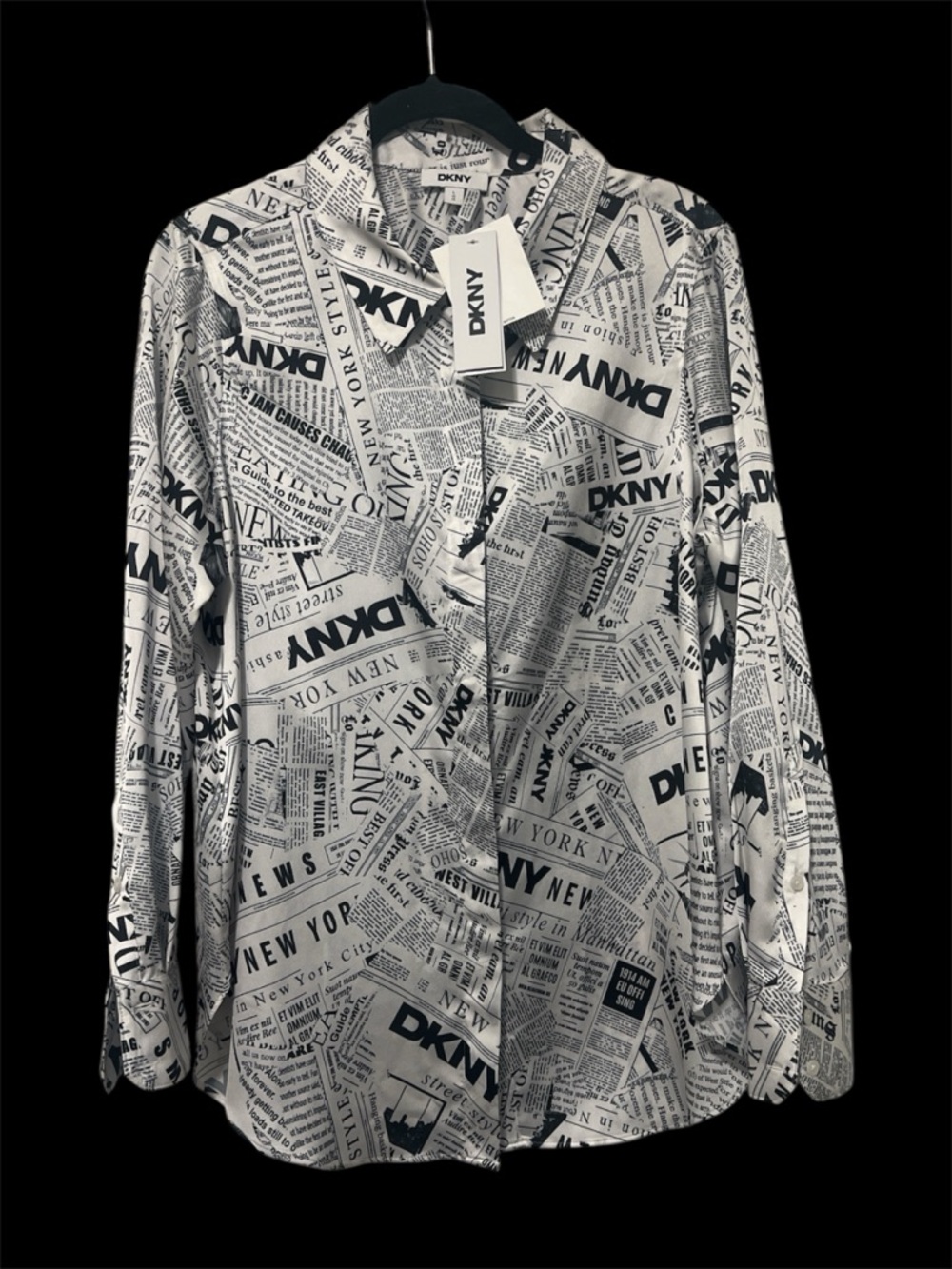 DKNY Black & White Newspaper Print Button-Up Blouse